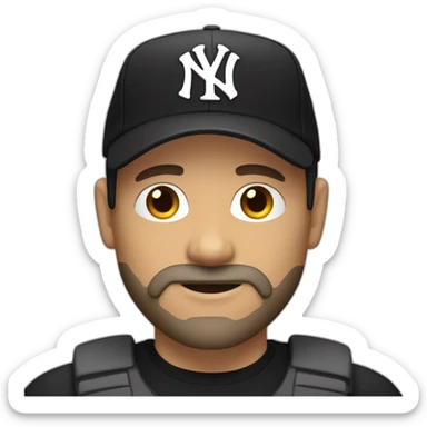 White man dark hair wearing a black NY cap and a goatee beard sticker