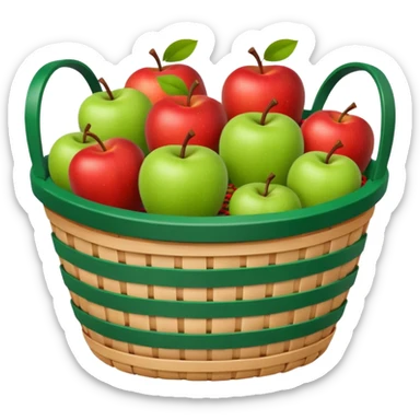 woven basket with apples on a white wooden chair. The basket is lined with checkered cloth, yellow sticker