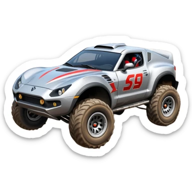 Satan’s (post race) Dirty and dented Local Motors Rally Fighter off road race car flying turning a tight corner (silver wheels) sticker