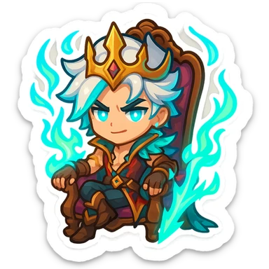 Soul Fighter Viego sitting on a king's chair, chibi emoji style, with Soul Fighter effects, vibrant and dynamic energy, detailed costume and crown, expressive face, glowing accents sticker