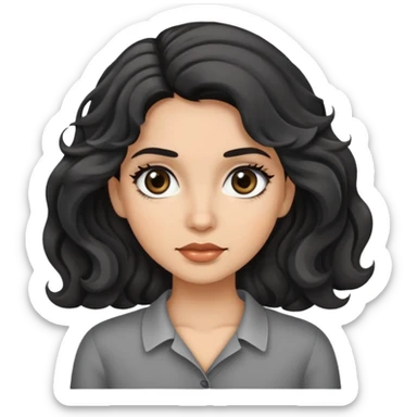 woman face with big grey eyes, medium skin tone, and black wavy hair sticker