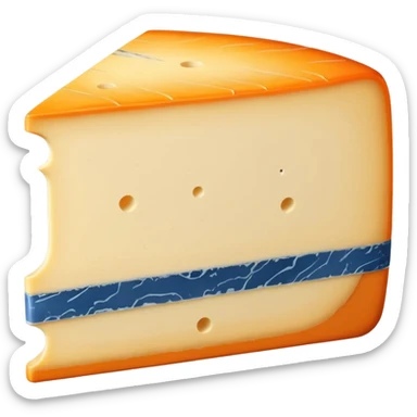 wedge of Morbier cheese, thick cut, smooth pale yellow interior, thin blue-grey ash line through the center, semi-soft dense texture, natural orange-beige washed rind, clean and centered ash stripe, no board or extras, soft lighting, subtle shadows, emoji scale sticker