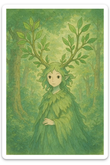 a whimsical forest spirit with leafy antlers, ghibli style, detailed, enchanting, soft colors sticker