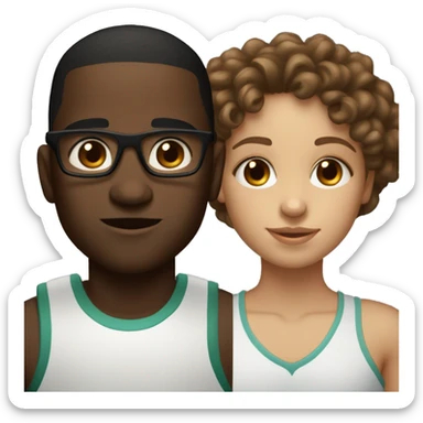 A light skinned girl with brown eyes, long straight light brown hair and glasses who is with a dark skinned basketball boy with brown eyes and curly hair with no glasses sticker