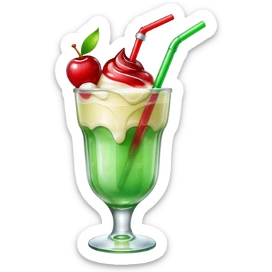 Create an emoji with a clear rounded glass, bright transparent green soda with fine bubbles, a smooth vanilla scoop, a glossy red cherry, and a red straw, using vibrant colors, soft shading, and clear glass highlights.
 sticker