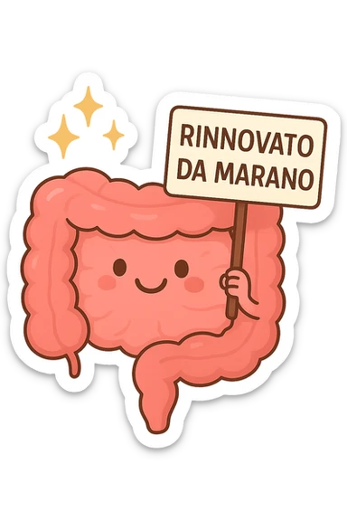 fammi un intestino identico a questo, ma felice e con le scintille di splendore dorate sopra, si sta rinnovando come se fosse in ottima salute, in mano ha un cartello con la scritta "RINNOVATO DA MARANO" sticker