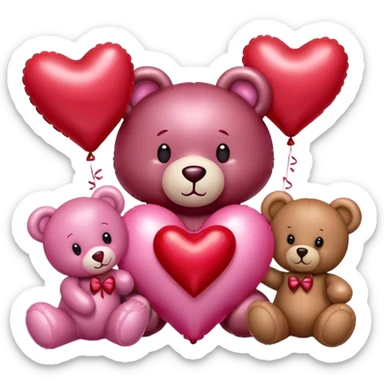 maroon love letter, three metallic pink heart-shaped balloons and red kisses and love teddy bear sticker
