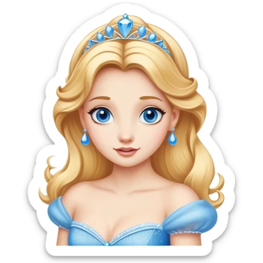 Cinematic Realistic Comical Cinderella Portrait, with every detail rendered realistically—from the soft, smooth texture of her fair skin to her artfully styled golden-blonde hair. Her bright blue eyes are wide with playful disbelief, and her expression carries a touch of whimsical humor while retaining elegant poise. Her classic ball gown, detailed with rich fabric textures and natural shadows, catches the light in a way that blends refined beauty with a hint of cheeky mischief, creating a striking, lifelike portrayal. sticker