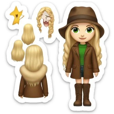 Realistic White girl with Long straight blonde hair, green eyes, tattoos, full body wearing Brown fur coat and fur hat and Brown leather boots sticker