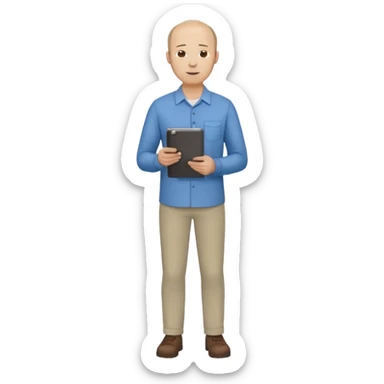 man, mid 30's shirt and trousers balding hairline, full body, standing, holding a clipboard sticker