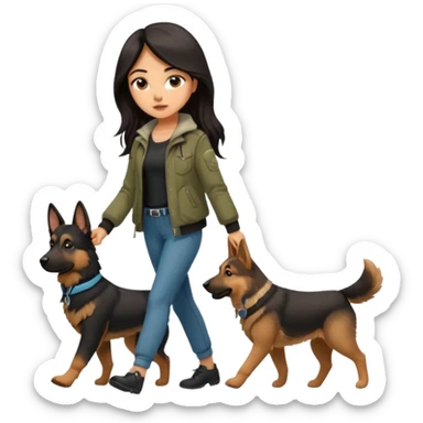 A girl with rather long brown-black hair is walking her German Shepherd. She's dressed very nicely in cute pants and a stylish jacket. sticker