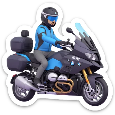 BMW RT1200 touring motorcycle with rider wearing helmet sticker