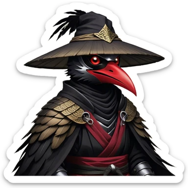 A fierce Kenku samurai with sleek black feathers, piercing crimson eyes glowing under the shadow of his straw hat. His sharp beak is partially covered by a black cloth mask, adding to his air of mystery. He wears layered black and crimson armor, intricate silver engravings etched into the metal plates. A long, tattered cloak billows behind him, worn from countless battles. His clawed hands grip the hilt of a curved katana, its polished blade reflecting the moonlight. Wisps of mist swirl around his taloned feet as he stands motionless sticker