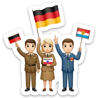 people holding protest signs, Berlin Wall in the background, peace dove, East and West Germany flags, 1950s and 60s sticker