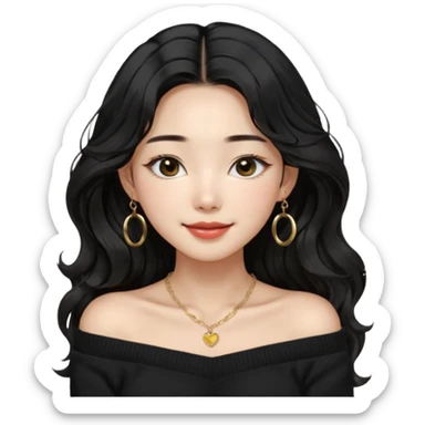A South Korean girl with long, dark black wavy hair with middle part and layers. She is wearing a black off the shoulder long sleeve knit sweater, small gold hoop earrings and thin gold necklace. She is sweet and smiling with lips together sticker