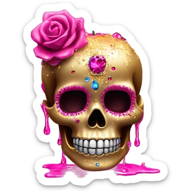 Realistic hot pink sugar skull decorated with colorful rhinestones with metallic gold candle on top of its head dripping meltdown metallic gold wax down skull sticker