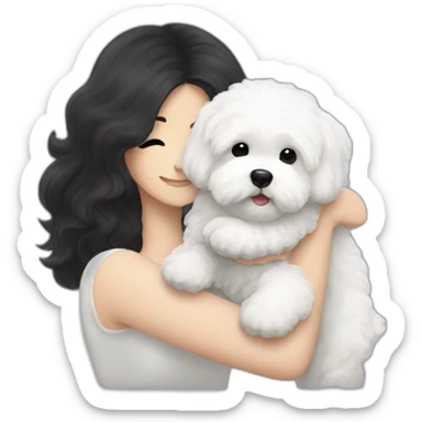 a long black-haired white woman hugging white maltipoo sticker