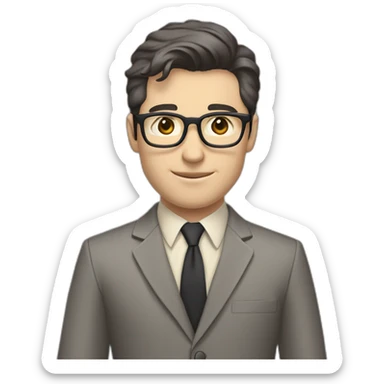 Full height Pale skinned Fit Man With dark brown hair in classic gray suit, beige office shirt, dark gray tie, and vintage glasses. His right hand is directed up sticker