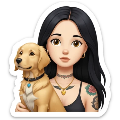 girl with long black  straight hair and chest tattoos and  a golden retriever sticker
