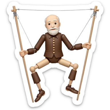 3D render of Old Man Puppet as a wooden marionette puppet, Carved wood beard, silver metal screw joints at elbows and knees, polished brown wood texture, rigid toy pose, emoji style, isolated on white background --v 6.0. sticker