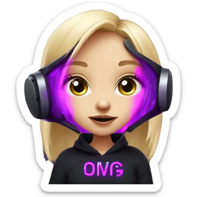 Russian cute blond girl wearing black hoody with violet letters "OMG", in vr headset. Cyberpunk style. Violet neon. sticker
