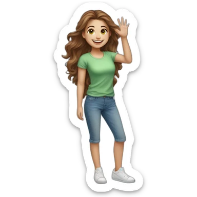 beautiful girl, white, with long wavy brown hair, brown green brown eyes, smiles at the camera and waves her hand, standing, good teeth, white tshirt, blue jeans, sneakers, realistic drawing sticker
