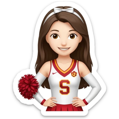 skinny white happy long haired brunette girl in a white USC cheerleader outfit sticker