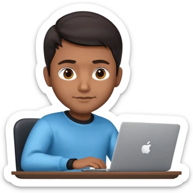 memoji of a man, apple-style, modern, dark hair, black sweater, Indian brown skin, sitting at a desk with a laptop, light blue gradient background sticker