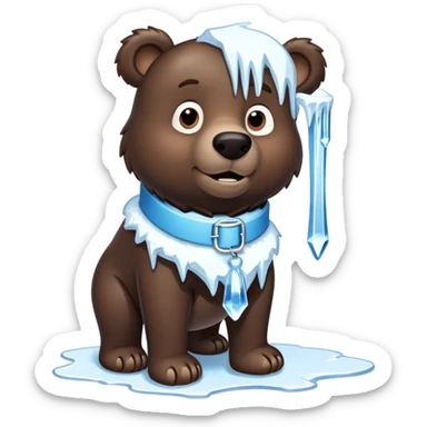 Realistic dark brown bear on four legs with a frozen ice collar that has icicles protruding downward, shaped like a large dog collar but made of crystal clear ice sticker