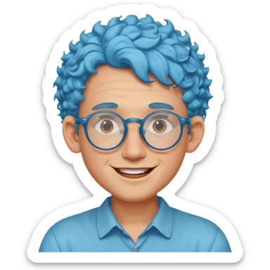 light blue haired man curly hair with big ears and red earrings and spectacles happy sticker