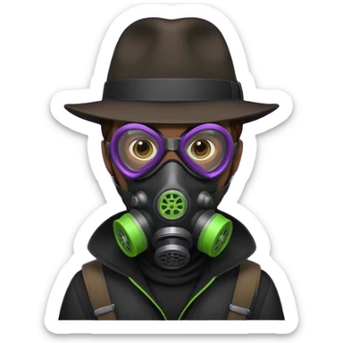 Male Hacker with a fedora with brown hair wearing a gasmask. Color scheme is black, lime-green and purple sticker