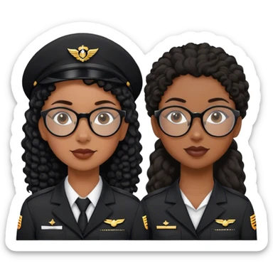 femme pilote d'avion en uniforme noir aux cheveux bouclés noir et petites lunettes arrondis identique avec des cheveux très long et la peau noir mais légèrement plus claire avec les cheveux attachés in a ponytail 1 seule personne, cheveux moins épais  sticker
