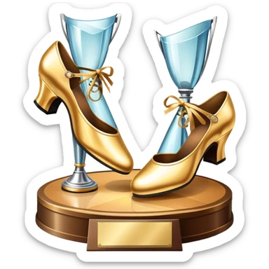 Icon for Ballroom Dancing: a pair of ballroom shoes, a dance floor with lighting, and a decorative dance trophy. The icon should represent the elegance and rhythm of ballroom dance through its key symbols. Transparent background. sticker