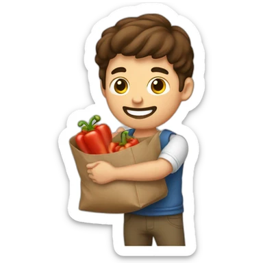 Man with brown hair holding up a bag of paprikas with one hand sticker