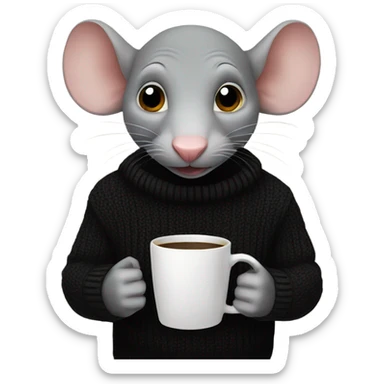 A bald rat in a black sweater drinks coffee. sticker