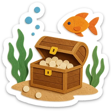 treasure chest underwater with pearls, seaweed, and fish, layered paper effect, paper-craft style sticker