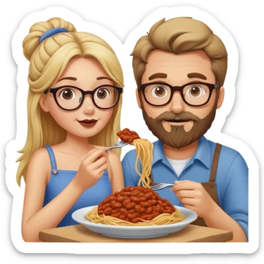 Blonde Caucasian girl eating spaghetti lady and the tramp style with Caucasian man with brown hair and beard wearing glasses sticker