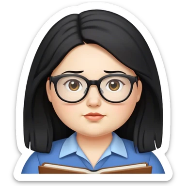 pale chubby female teacher with long black hair, wearing glasses sticker
