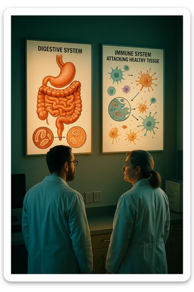 In italiano Realistic, detailed photo taken from behind of two doctors—a bearded man and a middle-aged woman—standing side by side in a modern medical office, intently studying a large, illuminated medical chart on the wall. The chart displays a detailed diagram of the human digestive system, highlighting the intestines and showing microscopic images of intestinal parasites. Next to it, another chart illustrates the immune system attacking healthy tissues, visually connecting gut parasites to autoimmune disease mechanisms. The room is bathed in a single green-blue color, with a warm, yellow-orange light casting soft shadows around the doctors. Both wear white coats and have serious, focused expressions, suggesting a deep discussion about the root causes of autoimmune conditions. Shot with a Canon EOS R5, with high detail, natural depth of field, and a clinical yet dramatic atmosphere. sticker