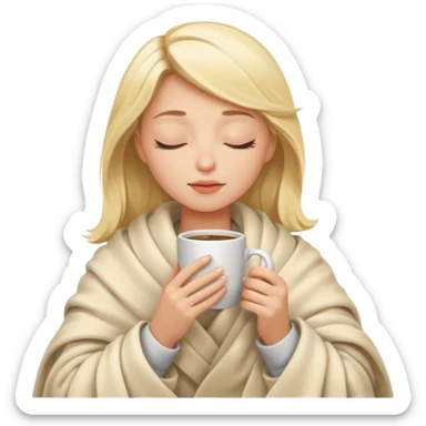 Blonde girl inside a blanket sipping coffee eyes closed sticker