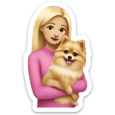 Blonde girl wearing pink hugging pomeranian sticker