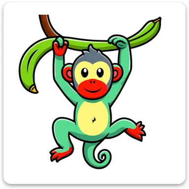 A surreal hybrid creature that is half monkey (top) and half banana (bottom). Green monkey with red facial features on top, and an opened banana peel forming the lower body. In a lush jungle environment with hanging vines and tropical foliage sticker