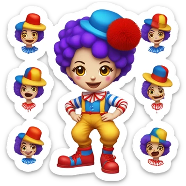 JoJo Tickle (Jojo's circus) female clown white skin, clown red nose, red hair, short hair, blue barret with covered red pompom, yellow shirt with covered paint splatters purple and blue pattern, red pants with orange stripes and white red big shoes sticker