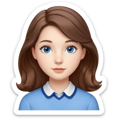 Realistic Student Portrait, with porcelain-like skin featuring a natural rosy flush, illuminated by soft lighting that highlights the gentle contours of her face. Her Brunette hair flows in soft, Her deep blue eyes radiate warmth and innocence,  wear light blue preppy style. sticker