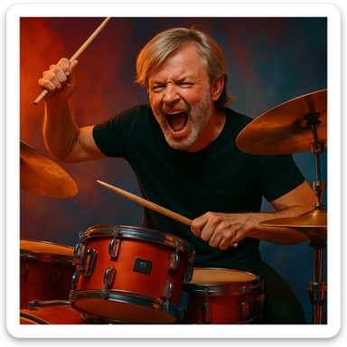 Make the male drummer look older with mature facial features and subtle signs of age, while keeping the blonde long-on-top bangs hairstyle and maintaining an energetic vibe. sticker