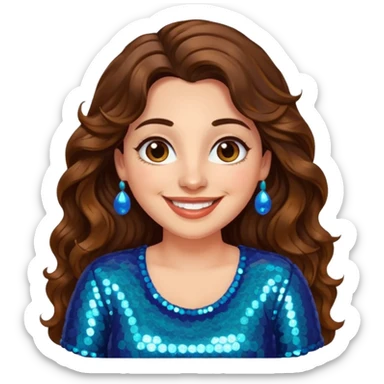 30 yr old italian woman, long brown wavy hair, big brown eyes, huge smile, sequin shirt, no bangs, a bit chubby sticker