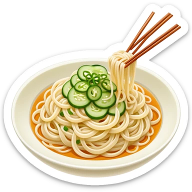 Liangpi Cold Skin Noodles with julienned cucumber and sesame sauce, simplified emoji style with bold outlines and bright colors, cartoon style Shaanxi cold appetizer sticker