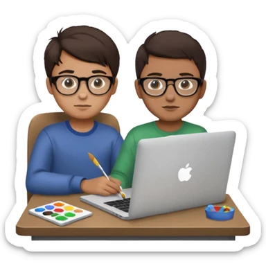 boy working in Macbook, he is graphic designer and paint artist, he seats facing me, and hair dark brown color sticker