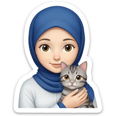 White girl wearing dark blue hijab with white shirt smiling while holding a black grey tabby cat sticker