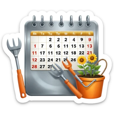 calendar icon with garden tools near. Transparent background sticker